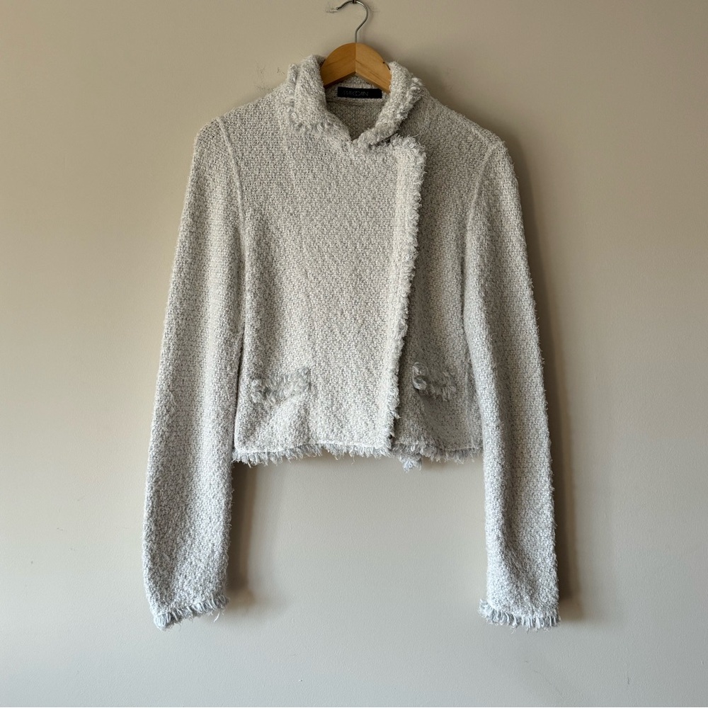 NWOT Marc Cain Knit Tweed Fringe Zip Up Boucle Jacket Cardigan